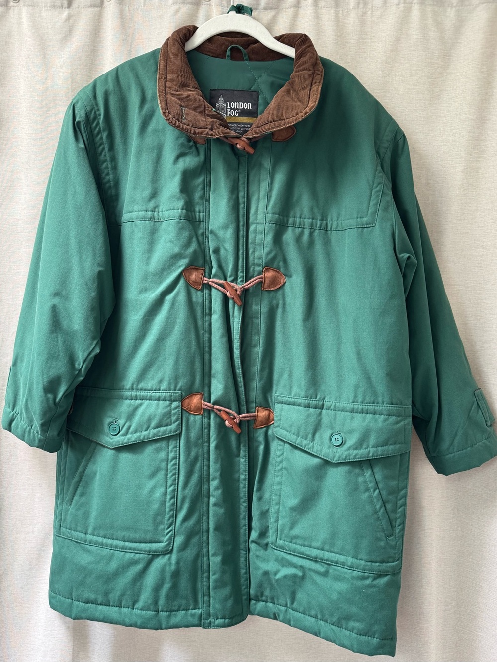 VINTAGE 90’s London Fog Mid-Weight Green Toggle Coat with Detachable Hood, Sz. M